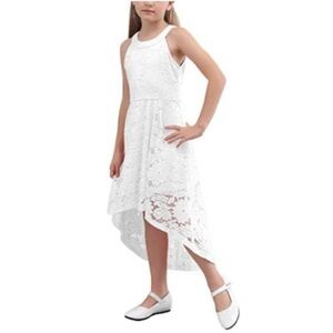 ❤️ GORLYA Elegant Halter Neck Floral Lace Hi-Lo floral Dress White Lace 14